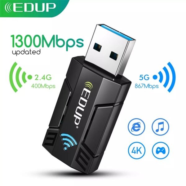 Adaptateur WiFi haute vitesse 1300Mbps EDUP,  double bande 2.4G/5G , USB carte réseau
