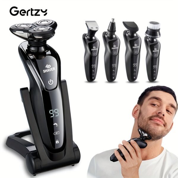 Rasoir Électrique GERTZY 6-en-1 pour Hommes, Rasoir Rechargeable Rotatif 3D, Acier Inoxydable